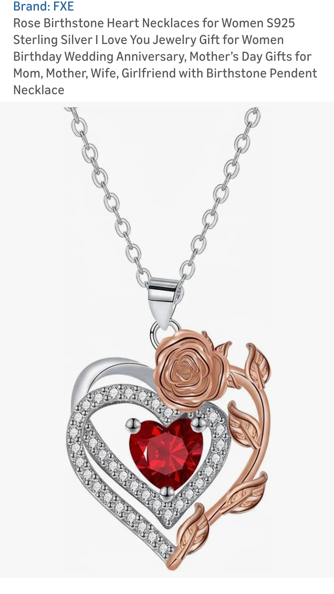 Birthstone Rose Heart Necklaces for Women January