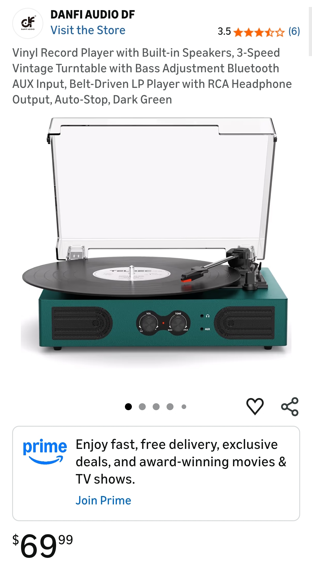 Vinyl Record Player with Built-in Stereo Speakers Bass Adjustment Knob  Dark Green
