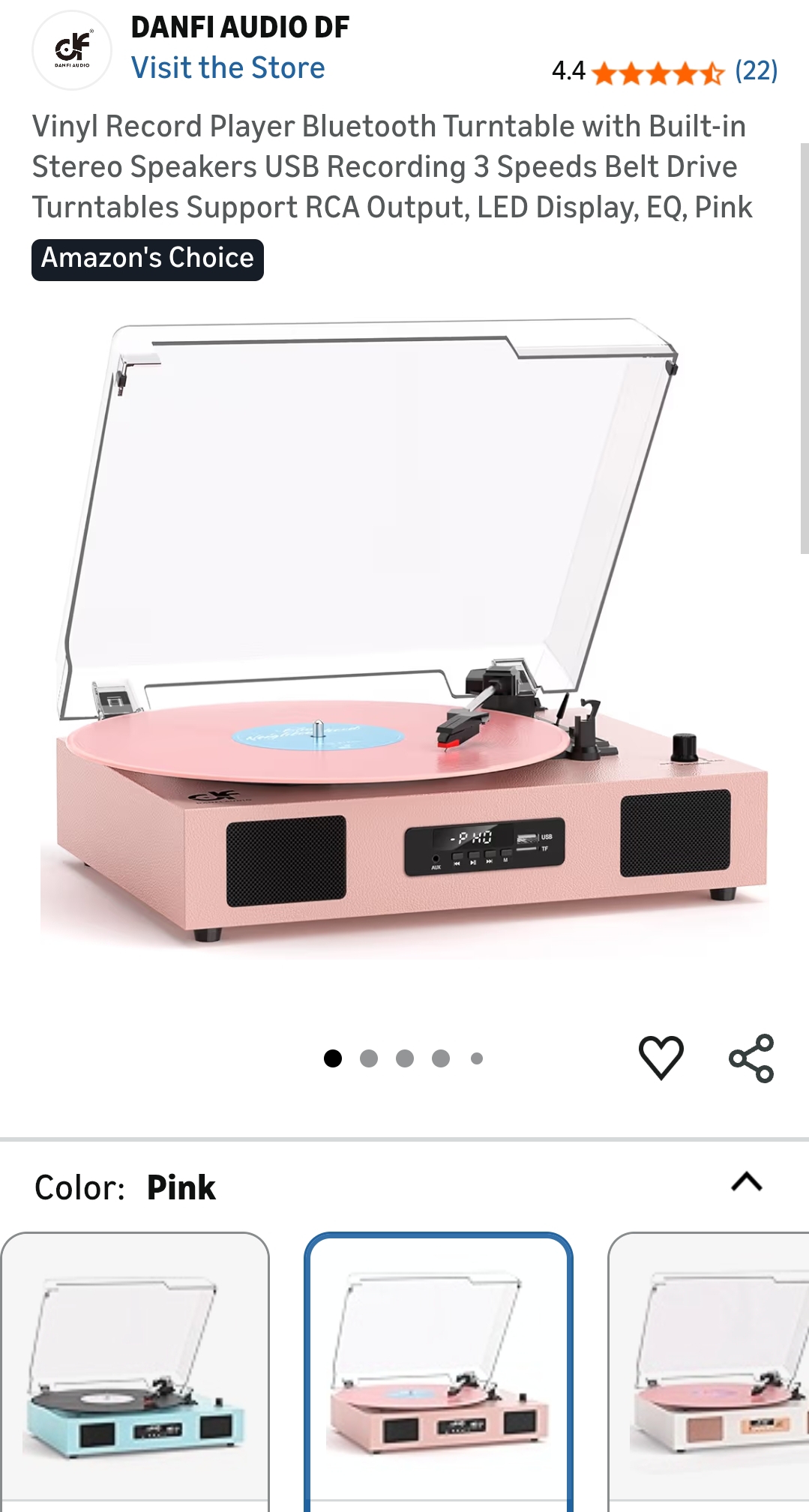 "Vinyl Record Player Bluetooth Turntable ,LED Display, EQ, Pink"