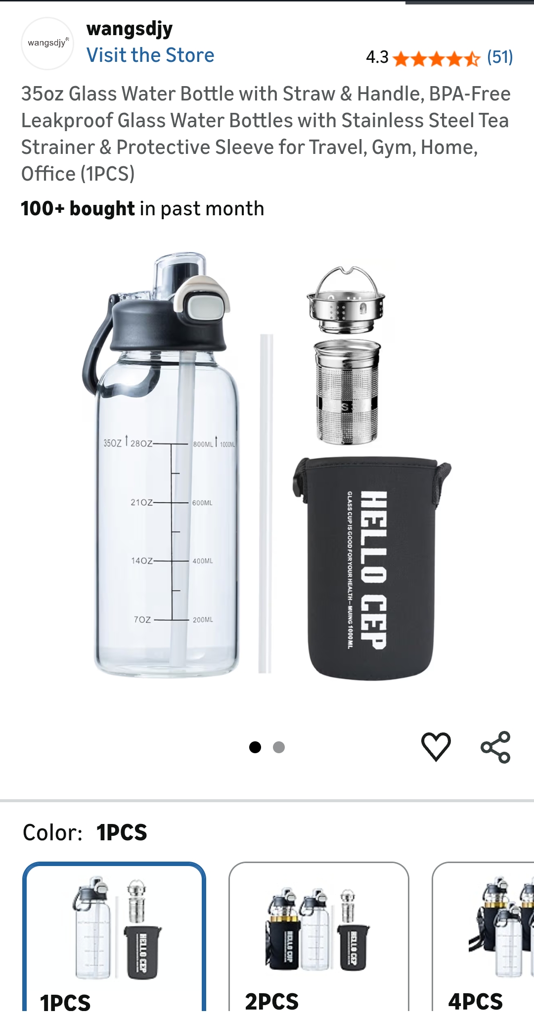 glass water bottle with straw