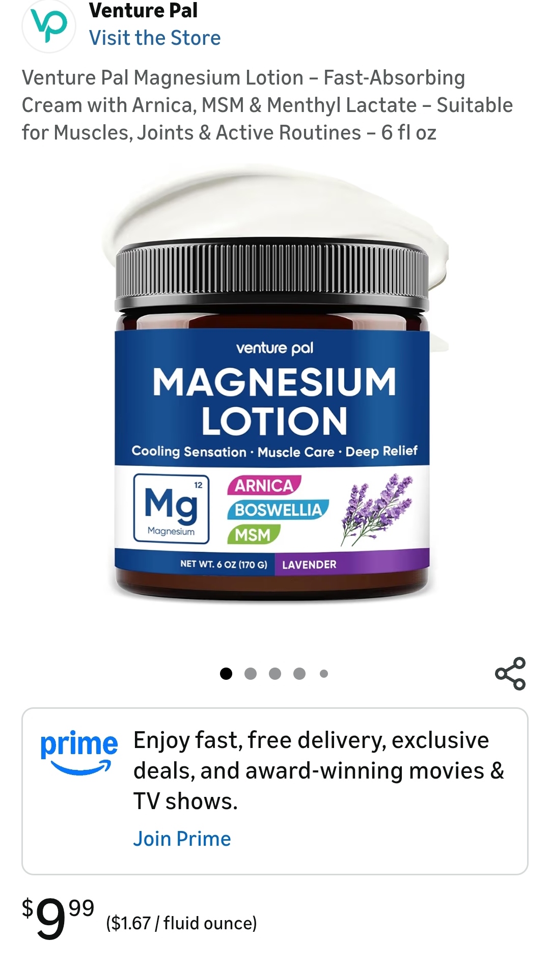 Venture Pal Magnesium Lotion with Arnica