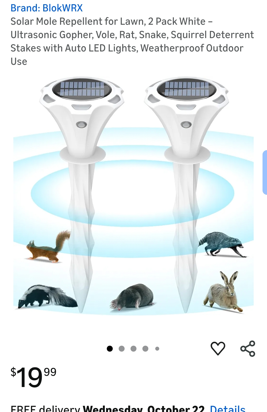 Solar Mole Repellent for Lawn, 2 Pack White – Ultrasonic Gopher, Vole, Rat, Snake