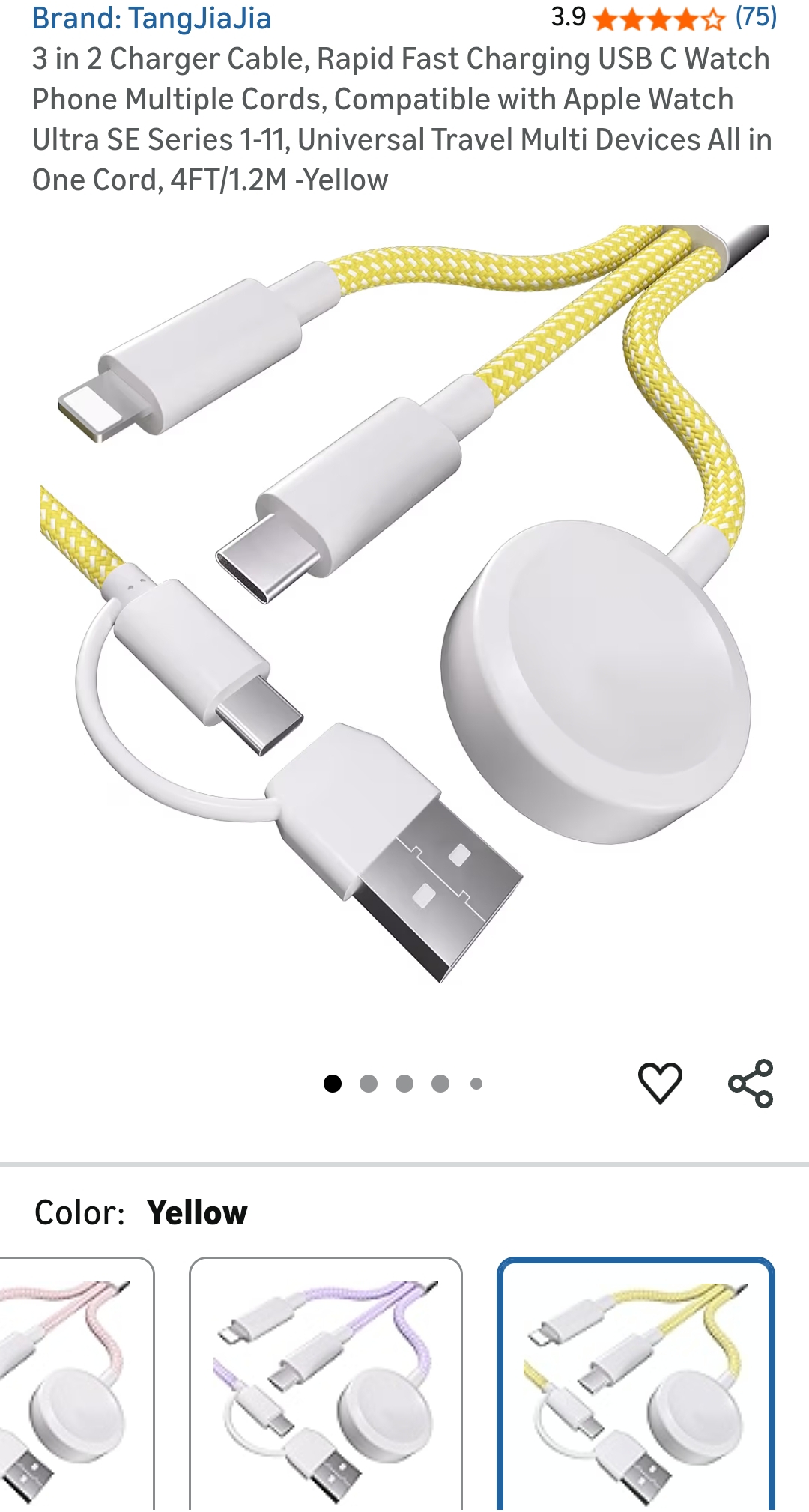 yellow 3 in 2 Charger Cable for apple watch 4FT