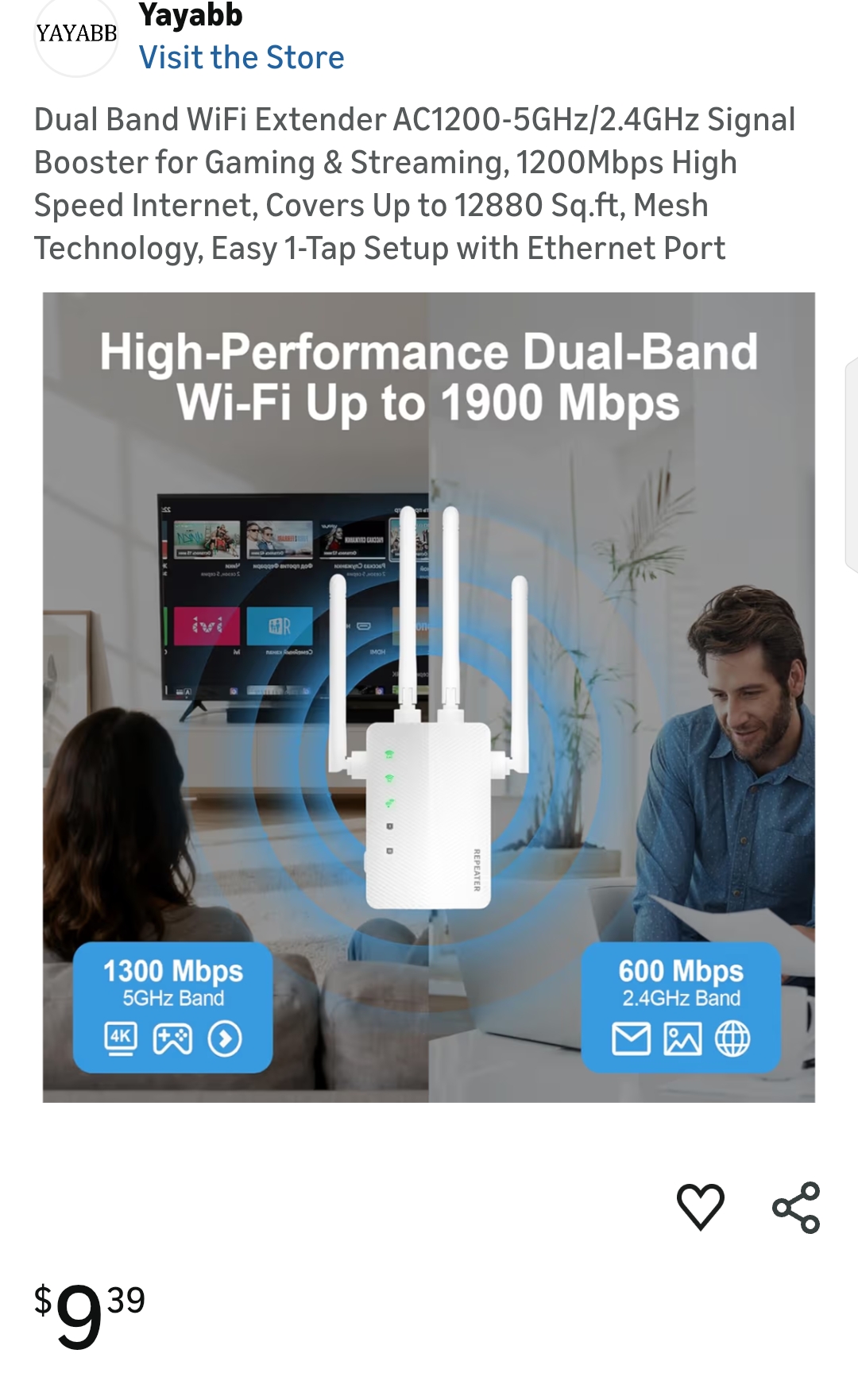 Dual Band WiFi Extender AC1200-5GHz/2.4GHz Signal Booster for Gaming