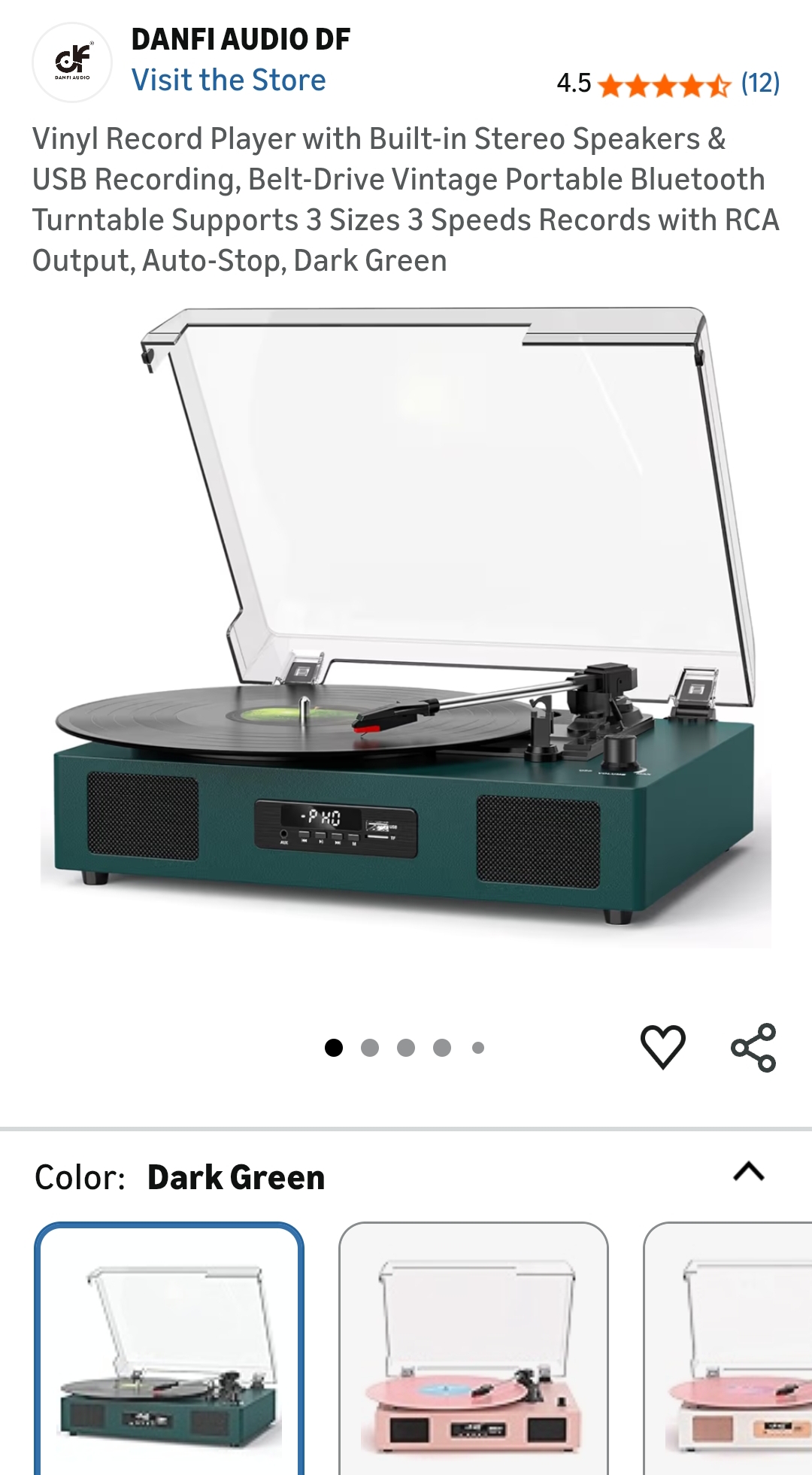 Record Player Turntable Bluetooth with Enhanced Speakers & EQ Adjustment Dark Green