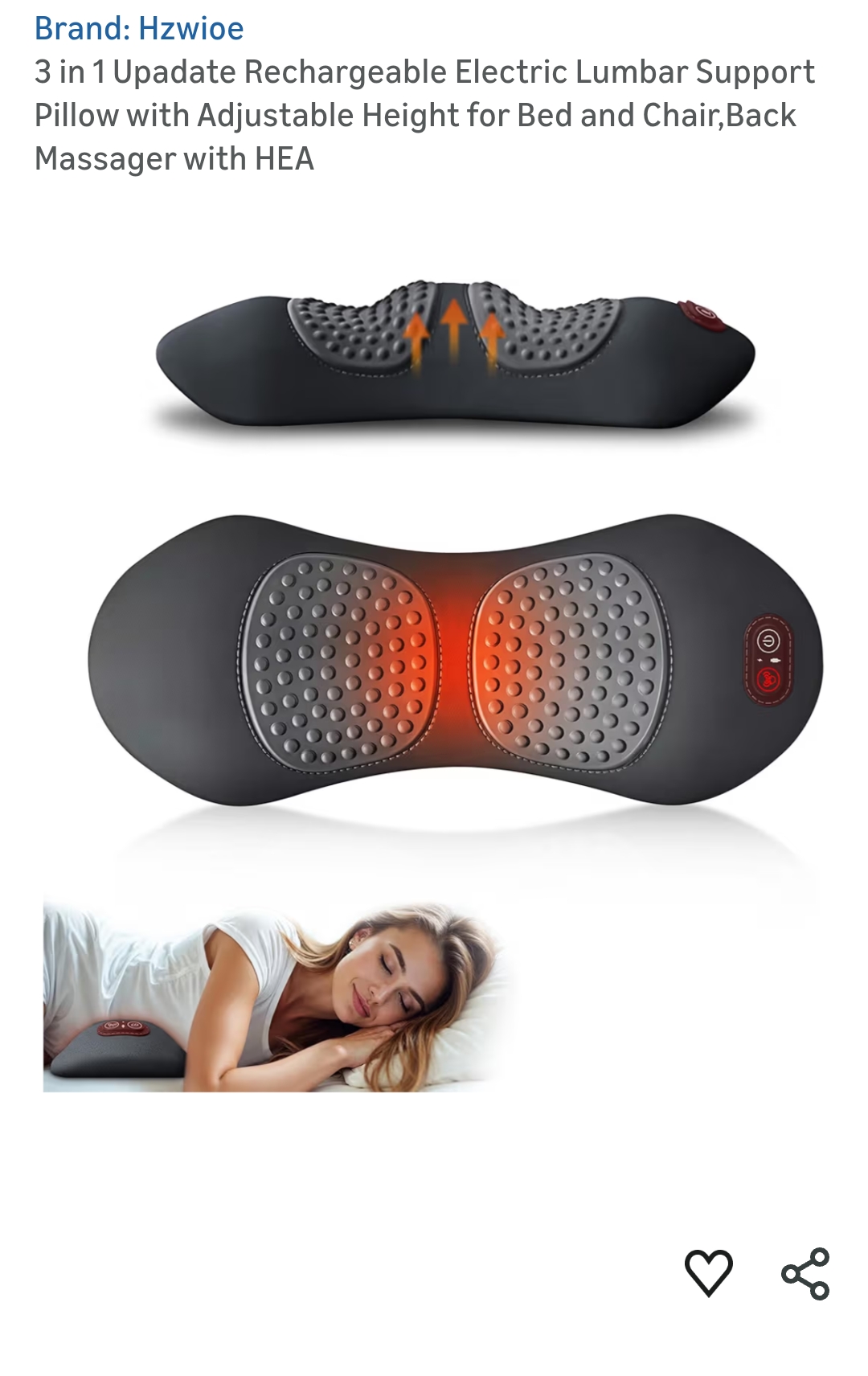 Hzwioe 3 in 1 Upadate Rechargeable Electric Lumbar Support Pillow