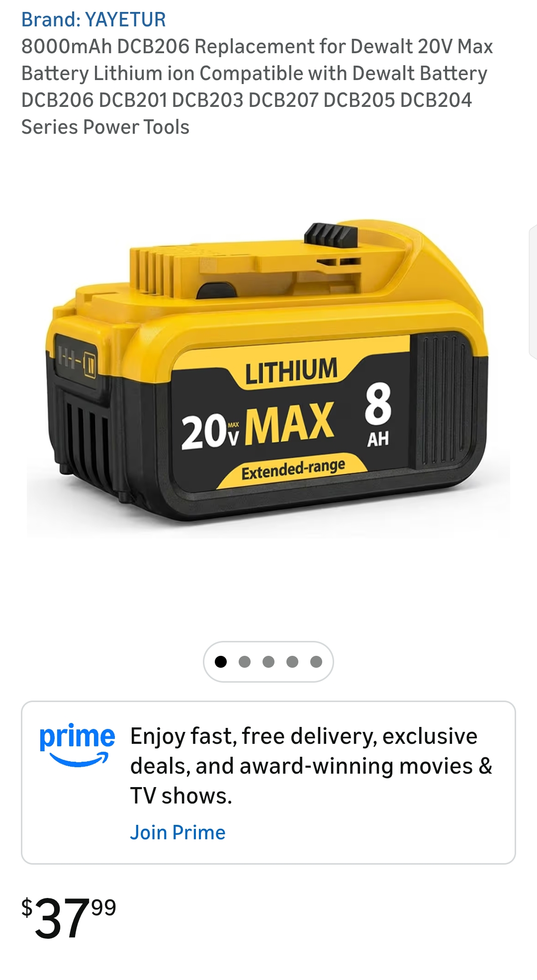 8000mAh DCB206 Replacement for Dewalt 20V Max Battery Lithium ion