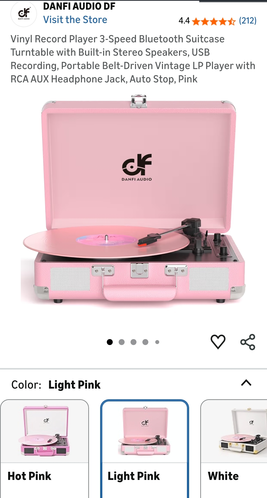 Vinyl Record Player 3-Speed Bluetooth Suitcase Turntable  RCA AUX Headphone Jack, Auto Stop, Pink