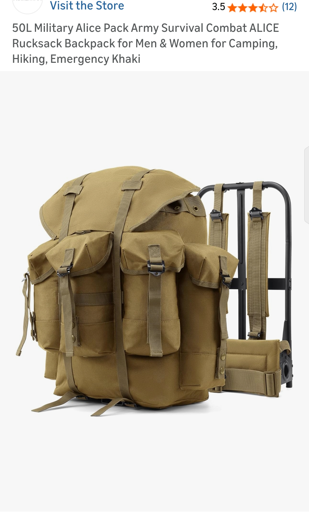 50L Military Alice Pack Army Survival Combat ALICE Rucksack Backpack for Men & Women for Camping, Hiking, Emergency Khaki