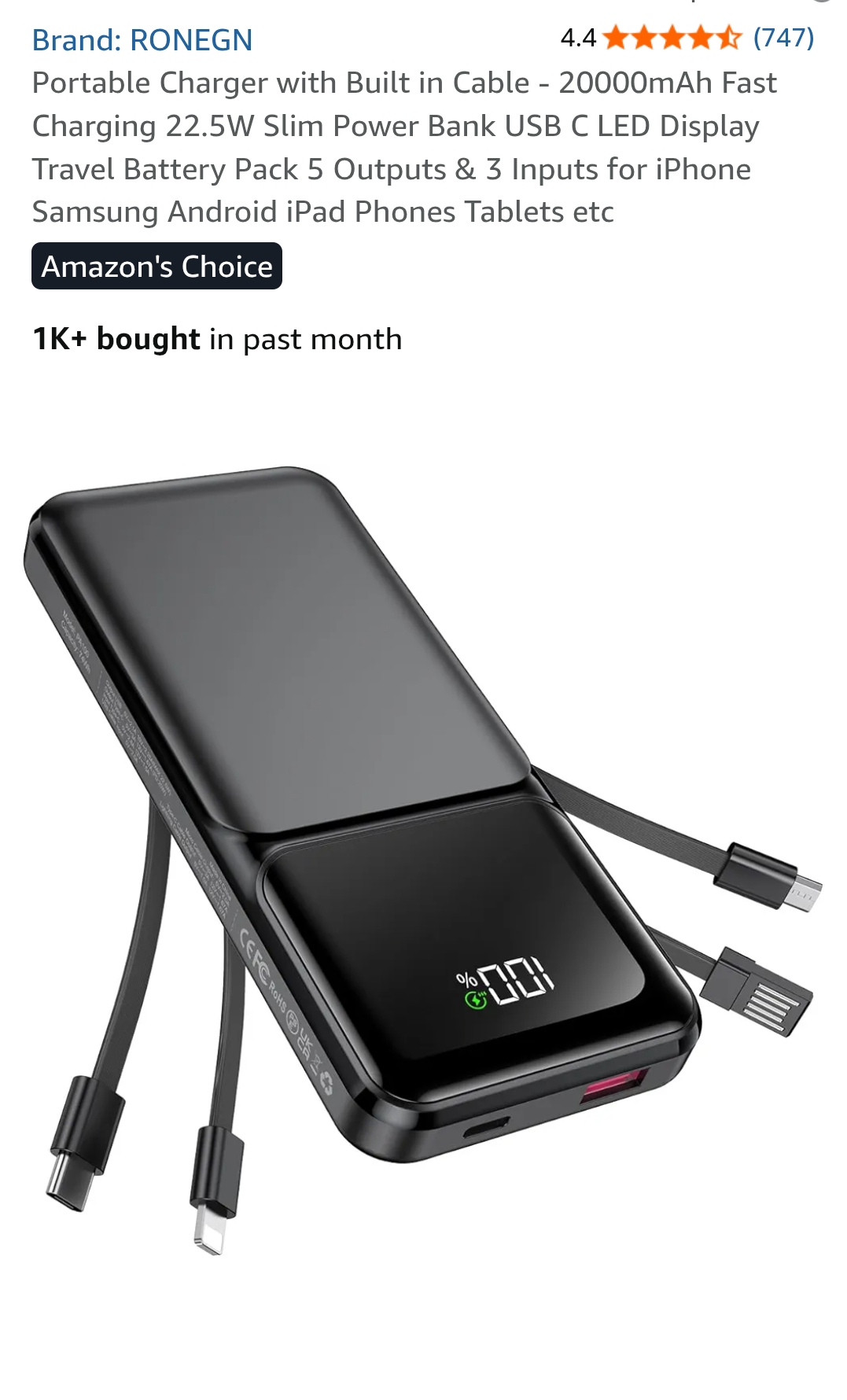 Portable Charger with Built in Cable
