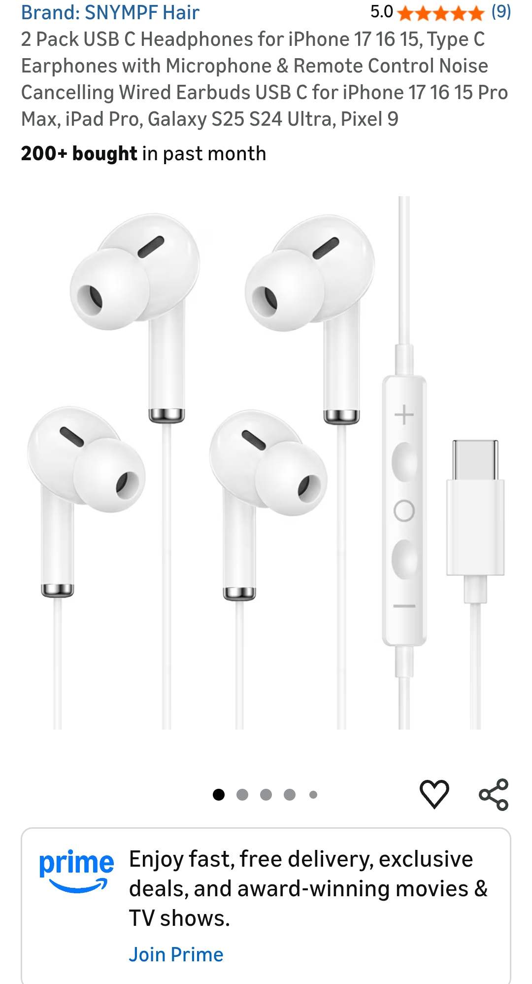 SNYMPF Hair 2 Pack USB C Headphones for iPhone 17