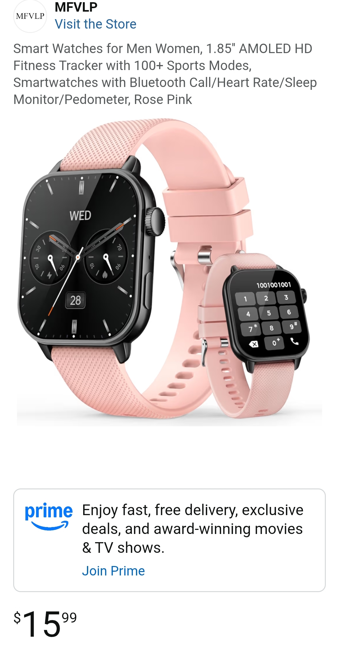 mfvlp smart watch, 1.85'' AMOLED HD rose pink