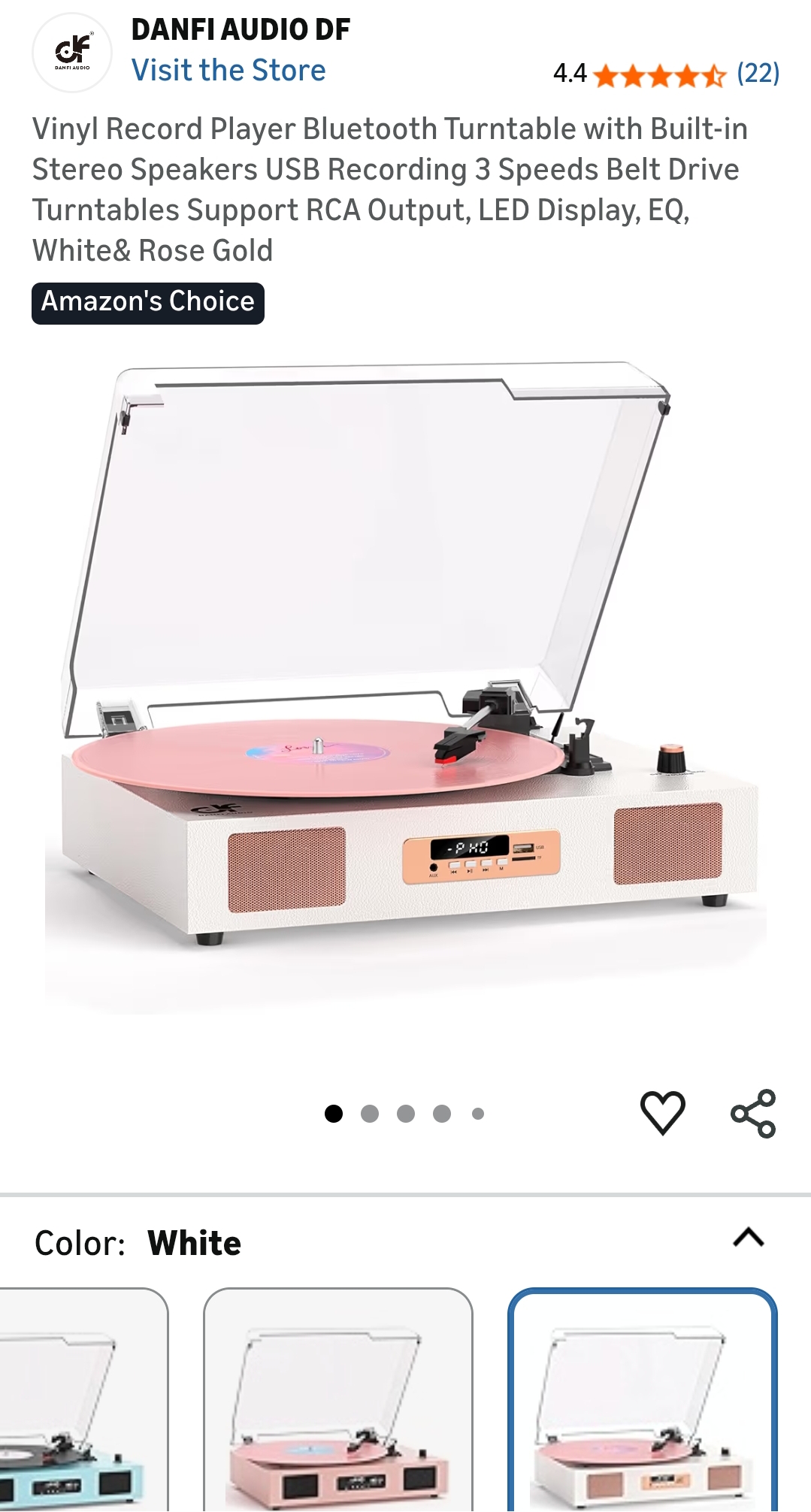 "Vinyl Record Player Bluetooth Turntable , LED Display, EQ, White& Rose Gold"